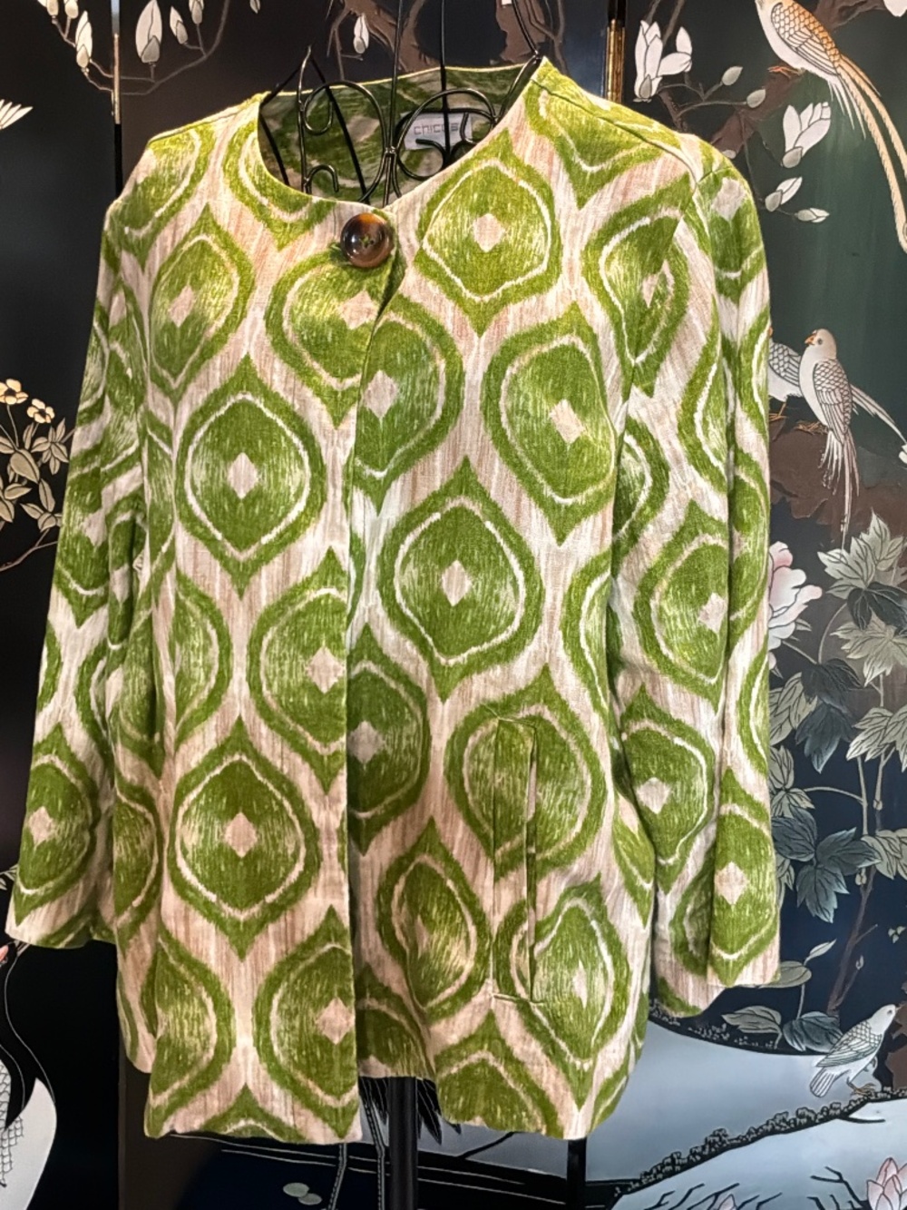 Chico's Green Ikat Diamond Print 100% Linen Single Button Jacket Blazer